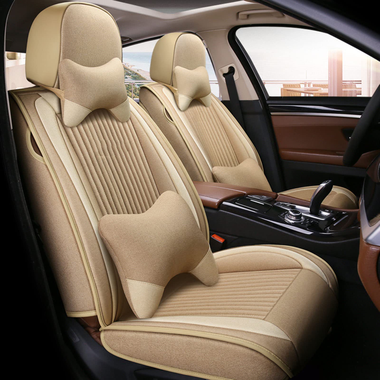 Premium Breathable Waterproof Linen Car Seat Covers - Luxury 5-Piece Set for Cars, SUVs & Trucks | Universal Fit for 90% Vehicles | Beige Color | Perfect for Road Trips, Daily Commutes & Family Travel