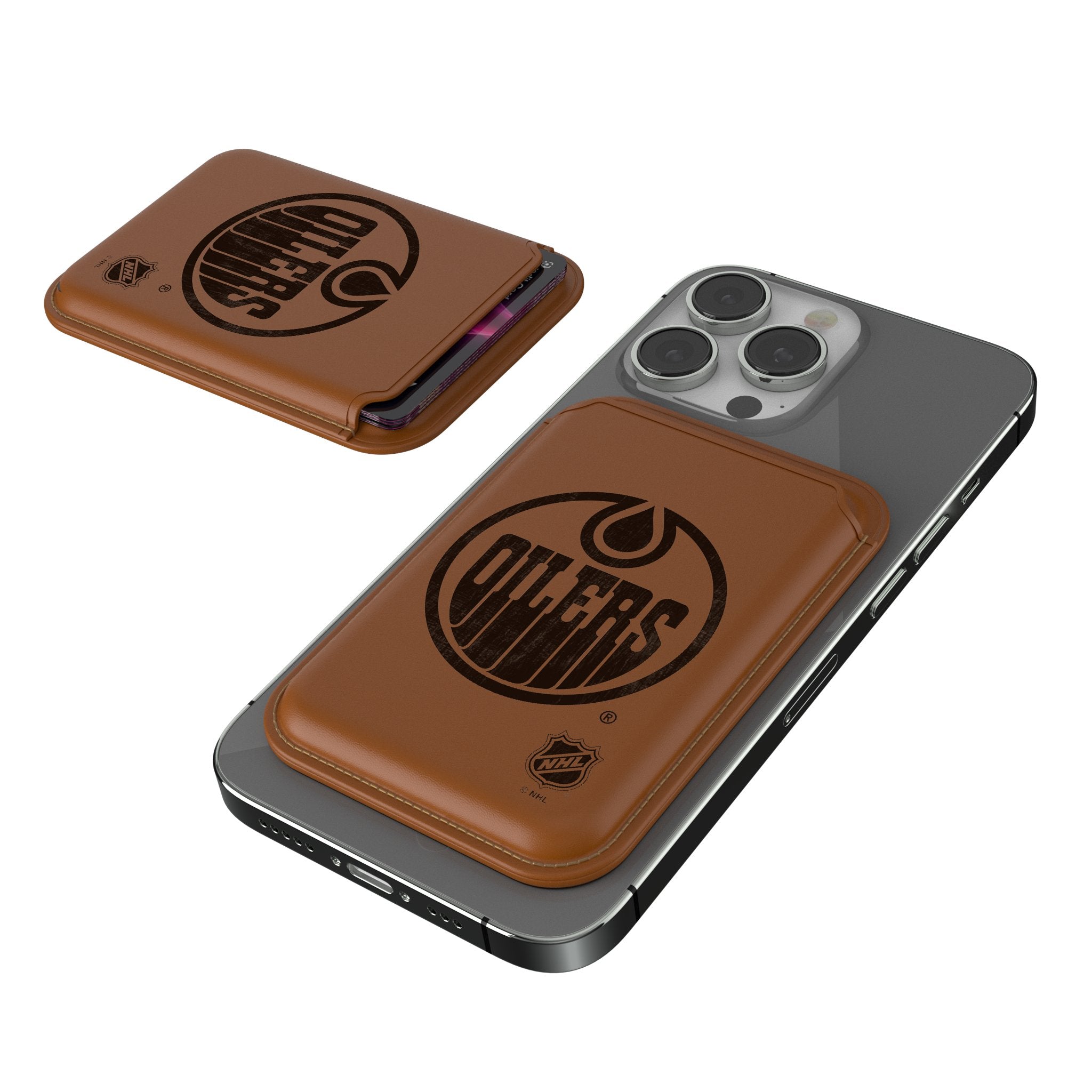 Edmonton Oilers Magnetic Credit Card Holder - Burn Brown Leather Slim RFID Blocking Wallet for Men - Perfect for Game Day, Travel & Everyday Use