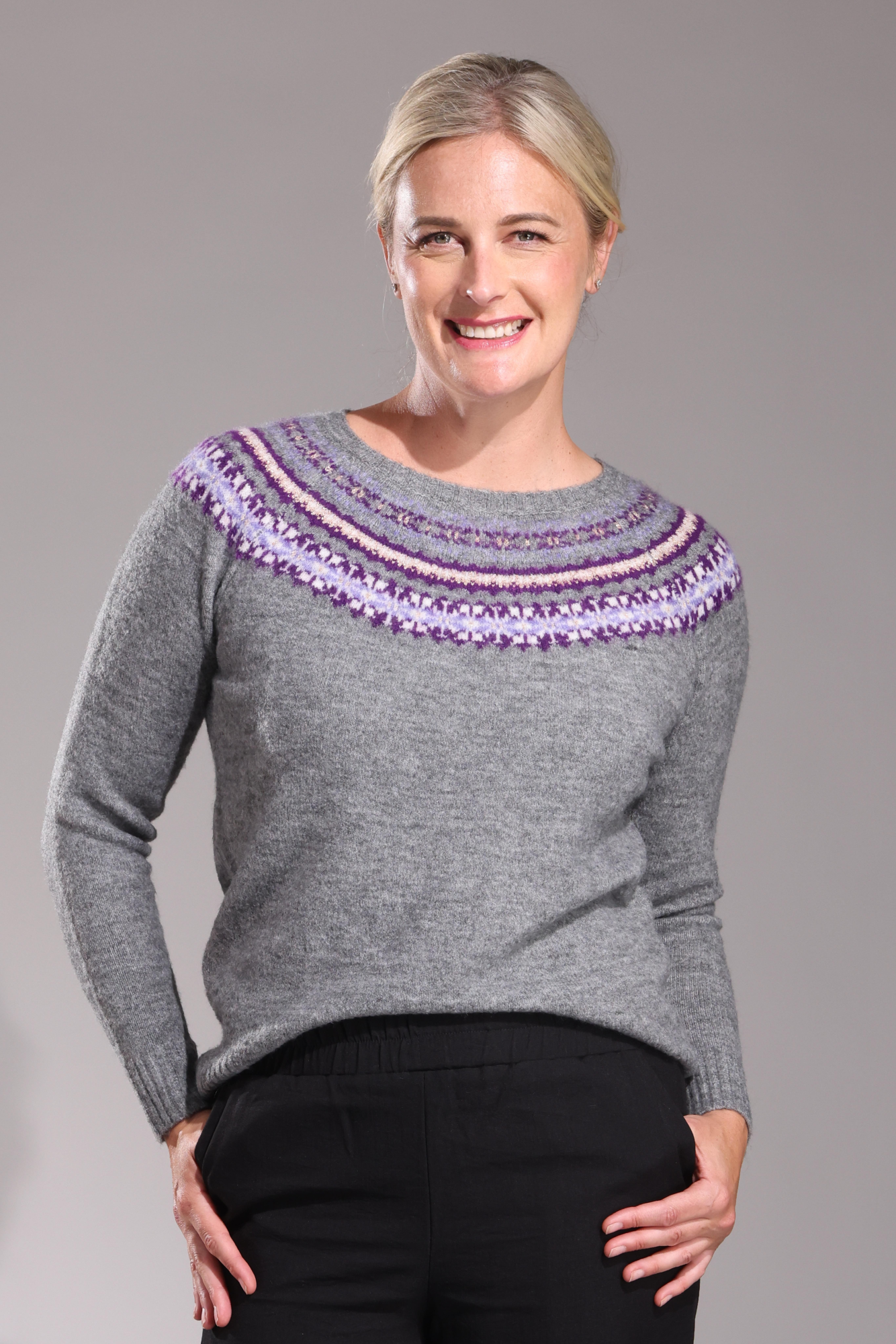 Fairisle Yoke Round Neck Jersey Sweater - Purple Charcoal Knit Top for Women | Cozy Winter Pullover for Casual Outfits & Holiday Gatherings
