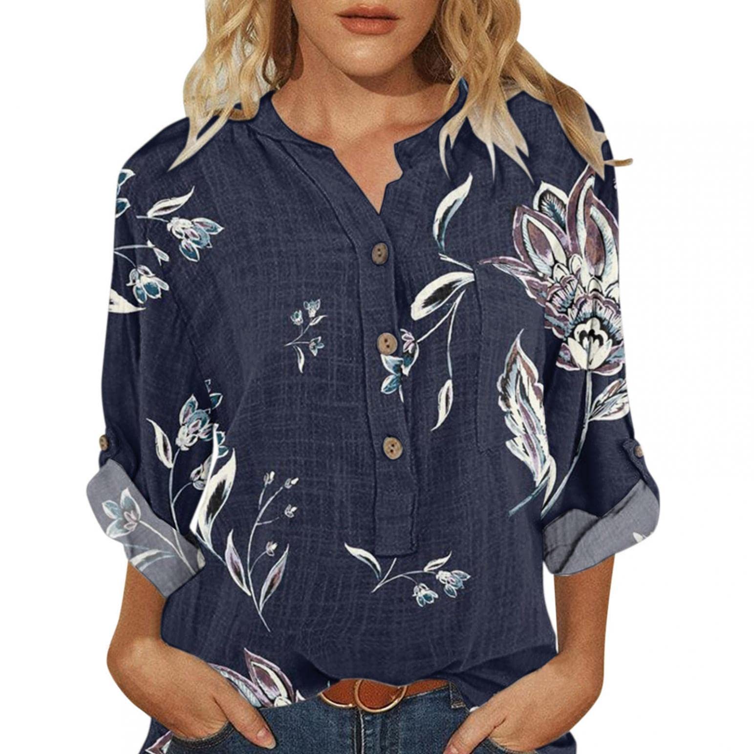 Women's Long Sleeve Henley Shirt - V-Neck Button Up Blouse with Pocket, Fall Floral Printed Loose Fit Casual Tops for Women | Perfect for Autumn Layering, Office Wear & Weekend Outfits