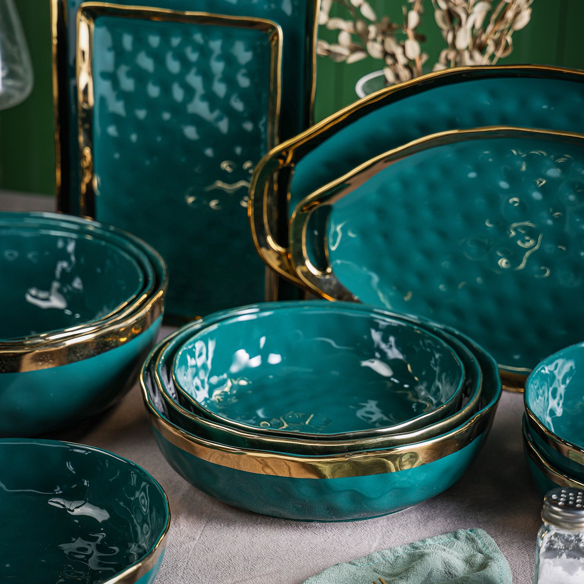 Premium Florian Porcelain Dinnerware Set - 6-Piece Green Serving Bowls for Soup, Salad & Dessert | Elegant Tableware for Home Dining & Entertaining