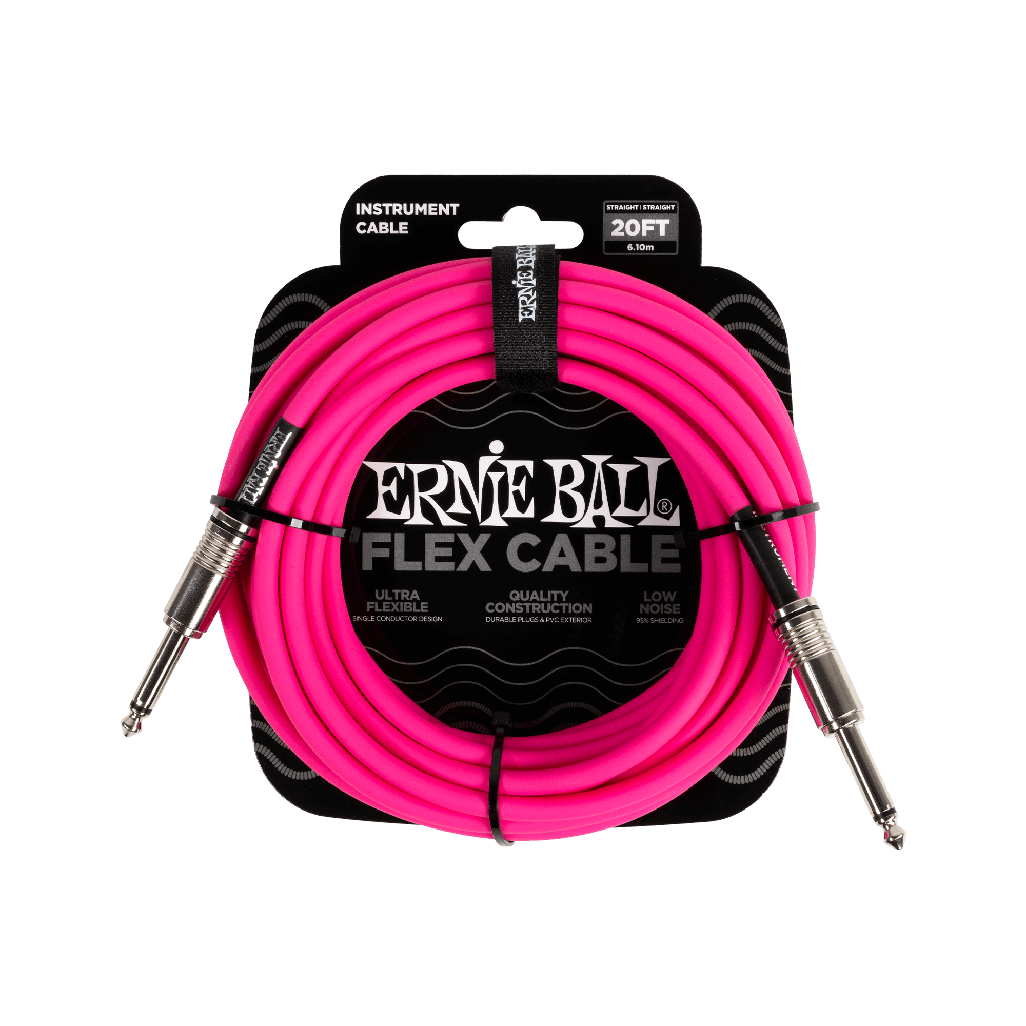 Ernie Ball 20Ft Pink Flex Instrument Cable - Straight to Straight Connector for Guitar, Bass & Keyboards | High-Quality Audio Cable for Live Performances & Studio Recording