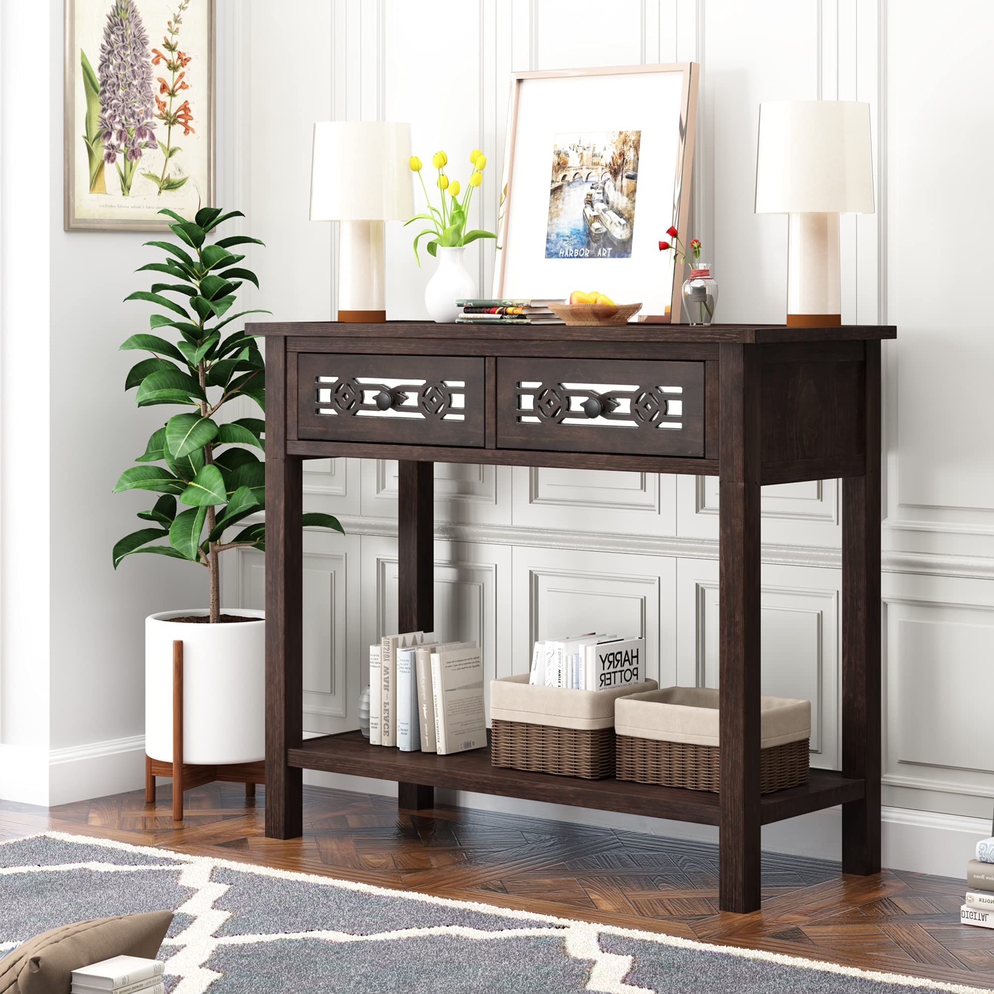 Modern Espresso Sideboard Console Table with Hollow-Out Design, 2 Drawers & Open Shelf - Mid-Century Living Room Furniture for Entryway, Hallway & Dining Room Storage