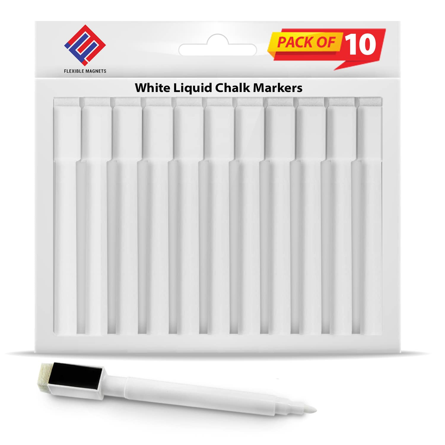10 Pack White Liquid Chalk Markers for Blackboards, Signs, Glass & Windows - Includes Eraser & Magnetic Back - Perfect for Restaurants, Classrooms & DIY Projects
