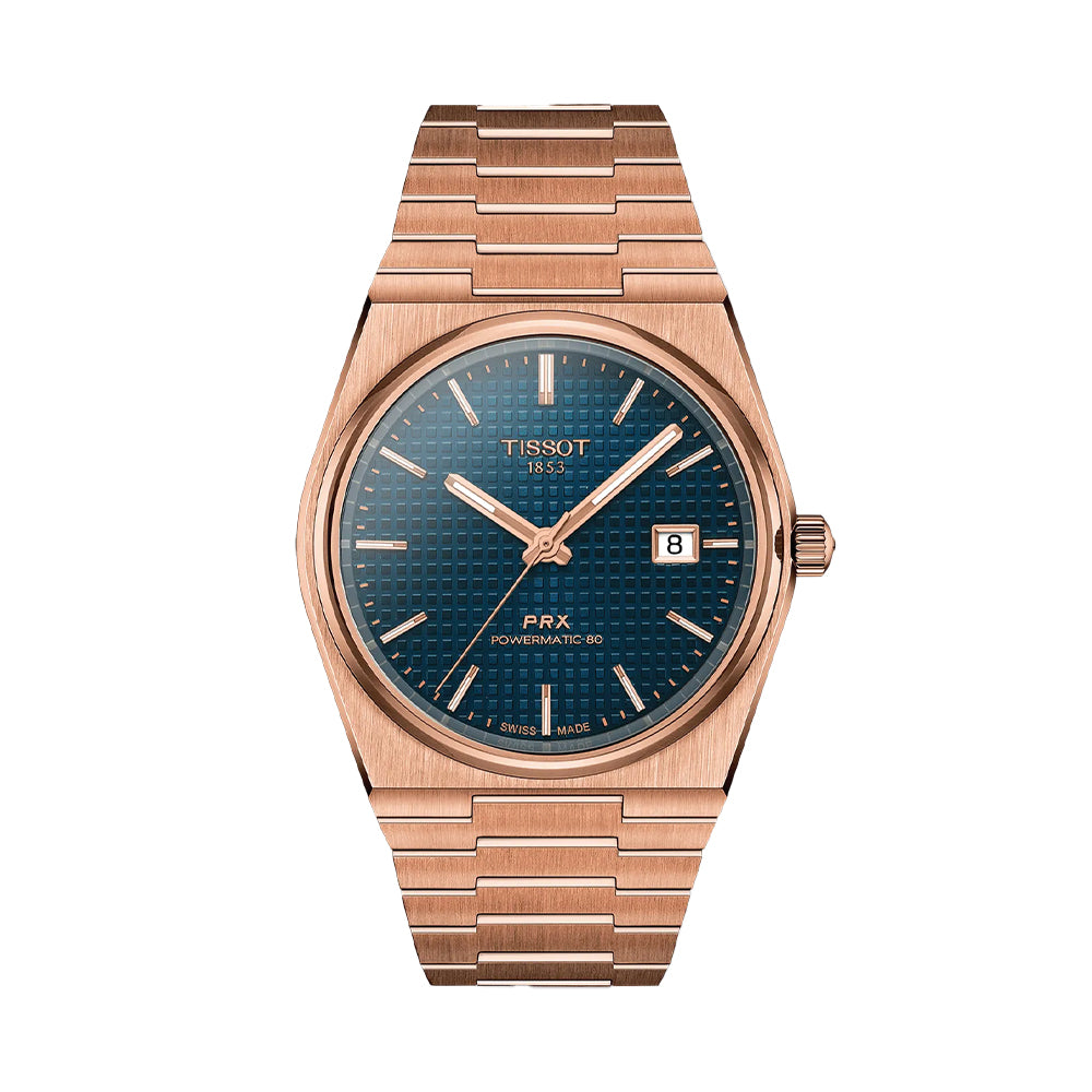 Tissot PRX Powermatic 80 Automatic Watch - 40mm Rose Gold Case, Blue Dial, Stainless Steel Bracelet | Luxury Swiss Timepiece for Men, Business & Casual Wear
