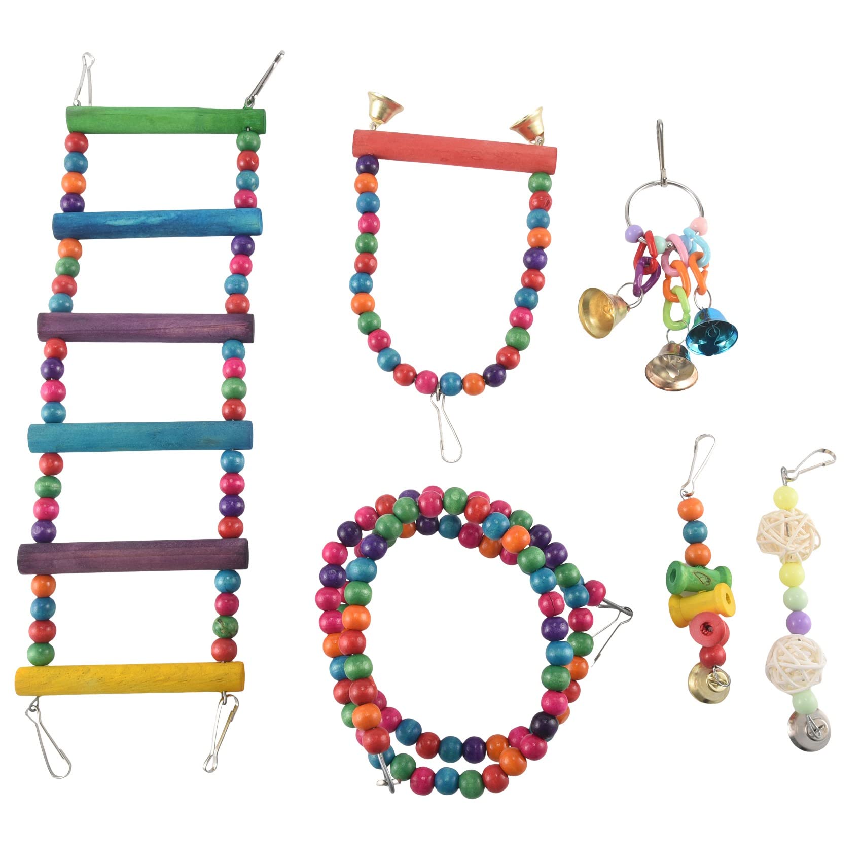 Tuccbay 6 Pack Colorful Bird Parrot Toys - Chewing Hanging Swing & Climbing Ladders for Parrots, Parakeets, Conures, Cockatiels - Perfect for Cage Entertainment and Mental Stimulation