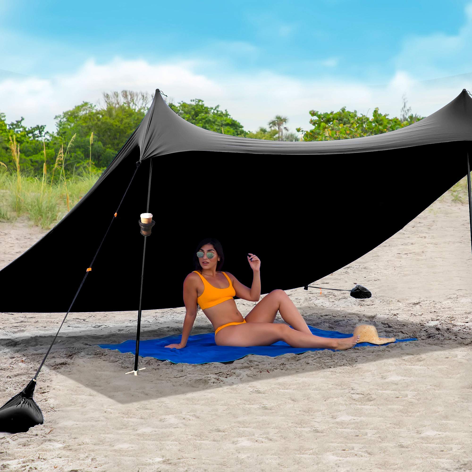 Red Suricata Family Beach Tent - UPF50+ UV Sun Shade Shelter with 2 Beverage Holders | Portable Canopy for Outdoor, Picnic & Camping | Large Black Sand Shelter for Sun Protection