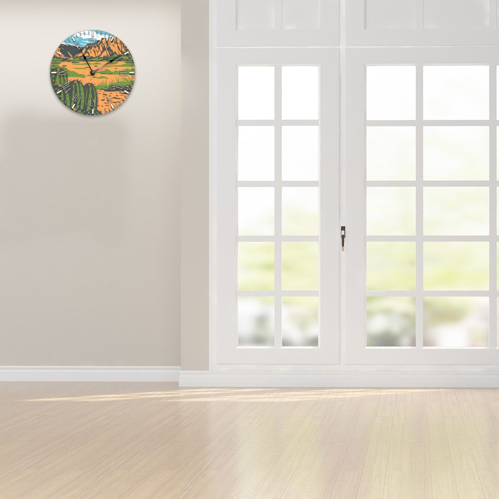 Silent Round Wooden Wall Clock with 12 Desert Mountain Scene - No Ticking Noise, Perfect for Living Room, Bedroom, and Office Decor