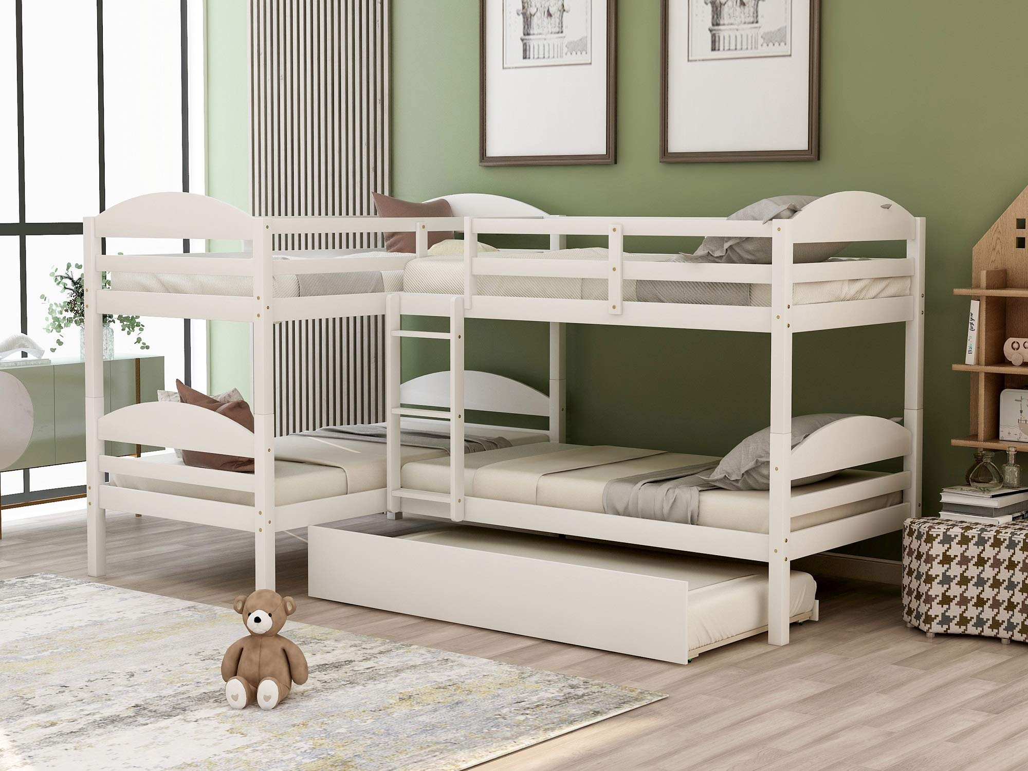 **Danxee Twin L-Shaped Corner Bunk Bed & Loft Bed with Trundle – Solid Wood Twin Bunk Bed with Guardrail – 5-in-1 Space-Saving Design (White) – Perfect for Kids' Bedrooms, Guest Rooms & Small Spaces**