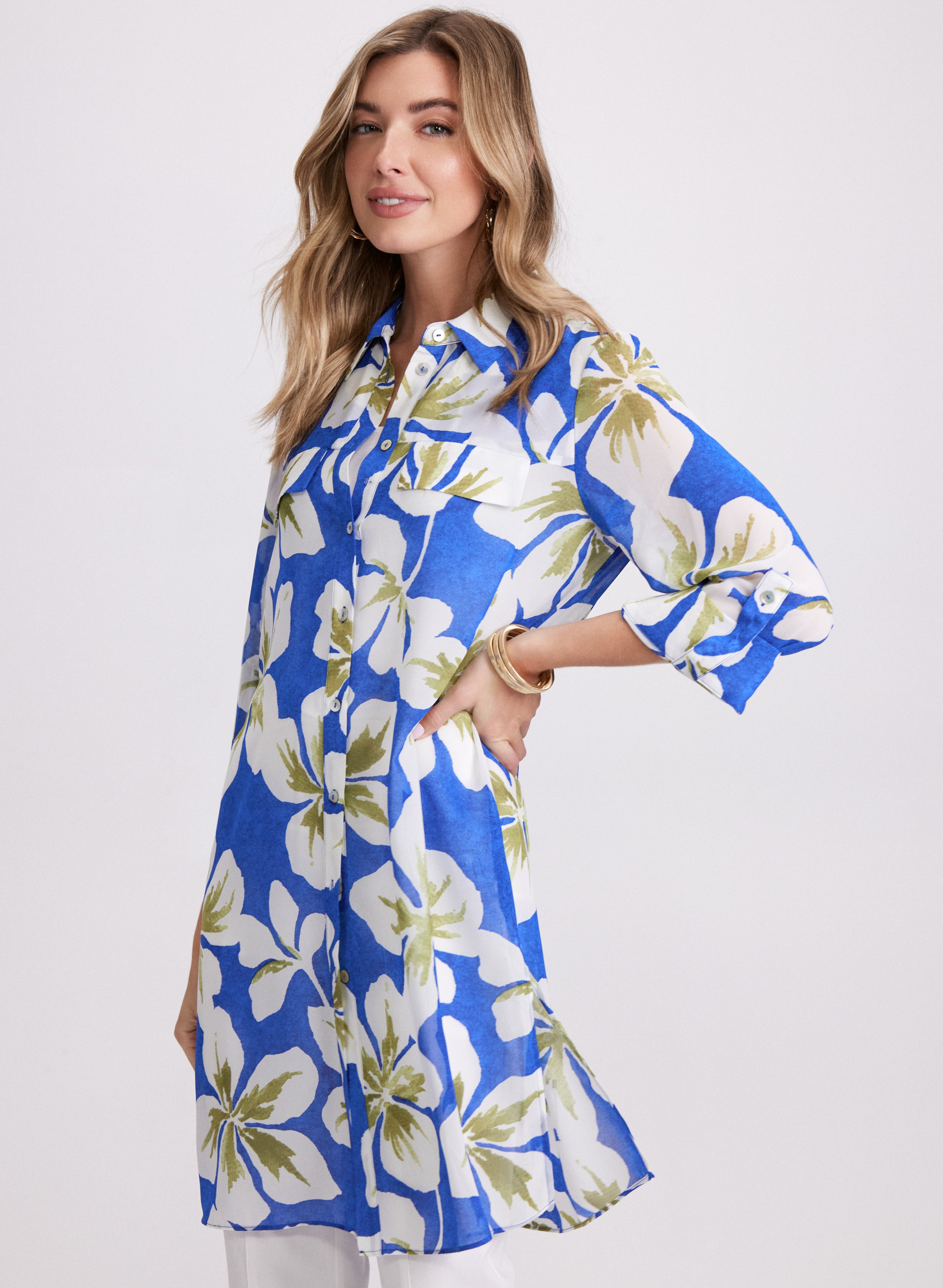 Floral Tunic Blouse for Women - Boho Flowy Summer Top with V-Neck & 3/4 Sleeves - Perfect for Beach, Vacation & Casual Outings