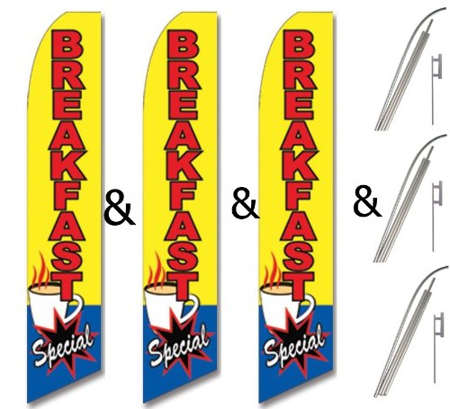 3 Pack Swooper Flags with Poles - Vibrant Yellow, Red & Blue Outdoor Decorative Windsocks - Perfect for Breakfast Restaurants, Sports Events & Backyard Parties
