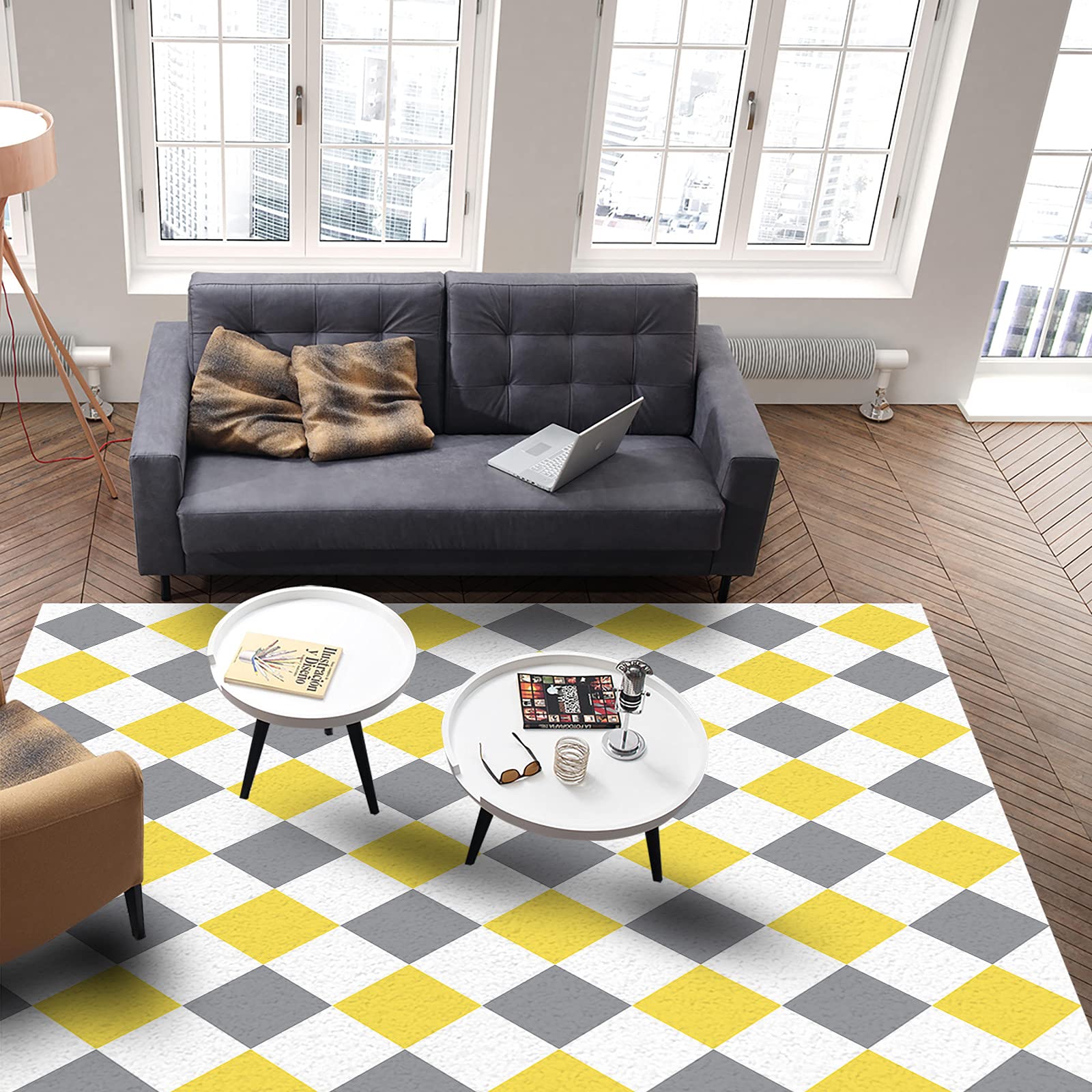 Modern Large Area Rug 48x72in - Non-Slip Buffalo Check Plaid Floor Carpet for Living Room, Bedroom & Kitchen | Yellow Gray Rhombus Pop Texture Accent Rug | Perfect for Home Decor, Stair Runner & Cozy Spaces