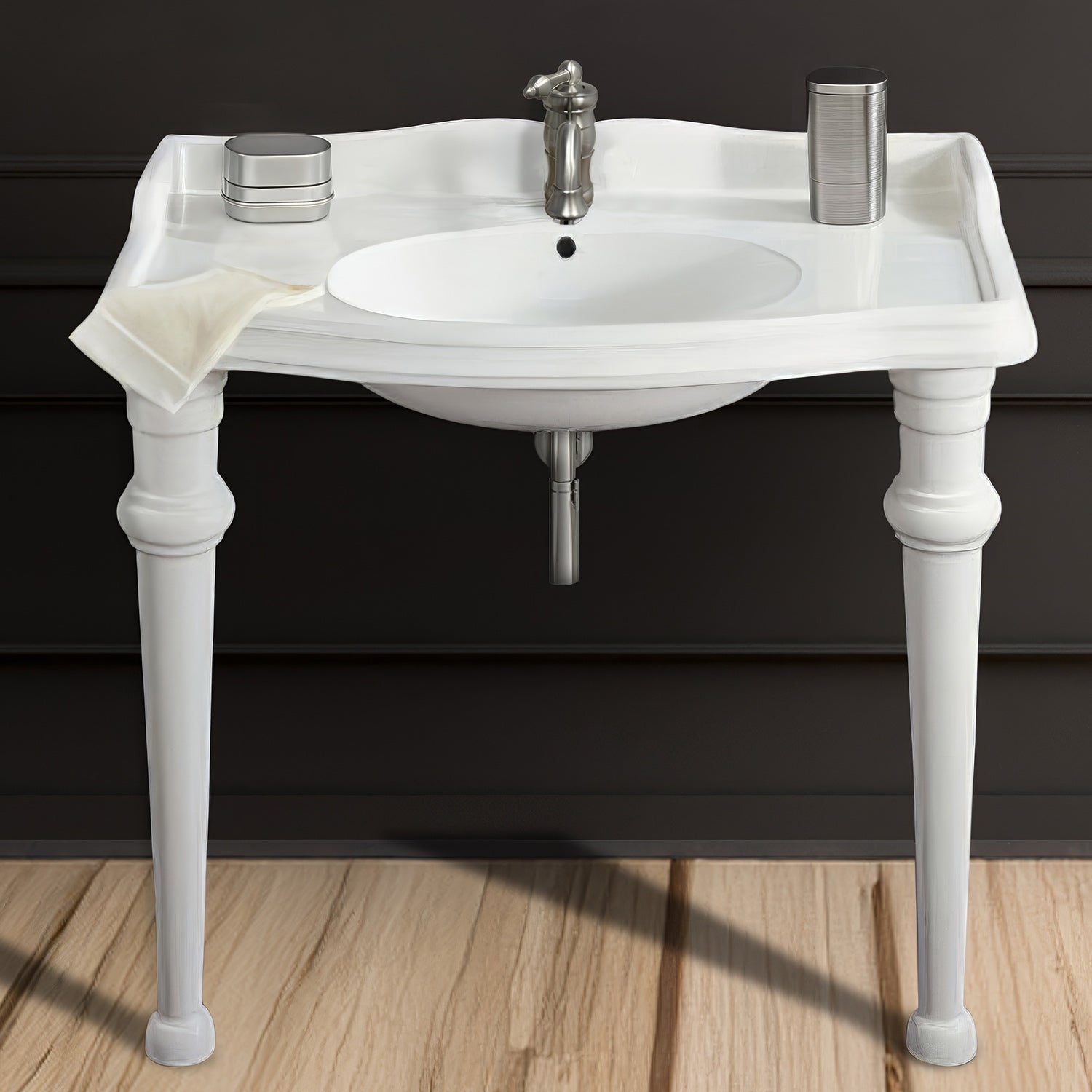 Rectangular Console Sink with Integrated Oval Bowl - Ceramic Leg Support & Overflow - Modern Bathroom Vanity Sink for Farmhouse, Rustic, or Contemporary Home Decor