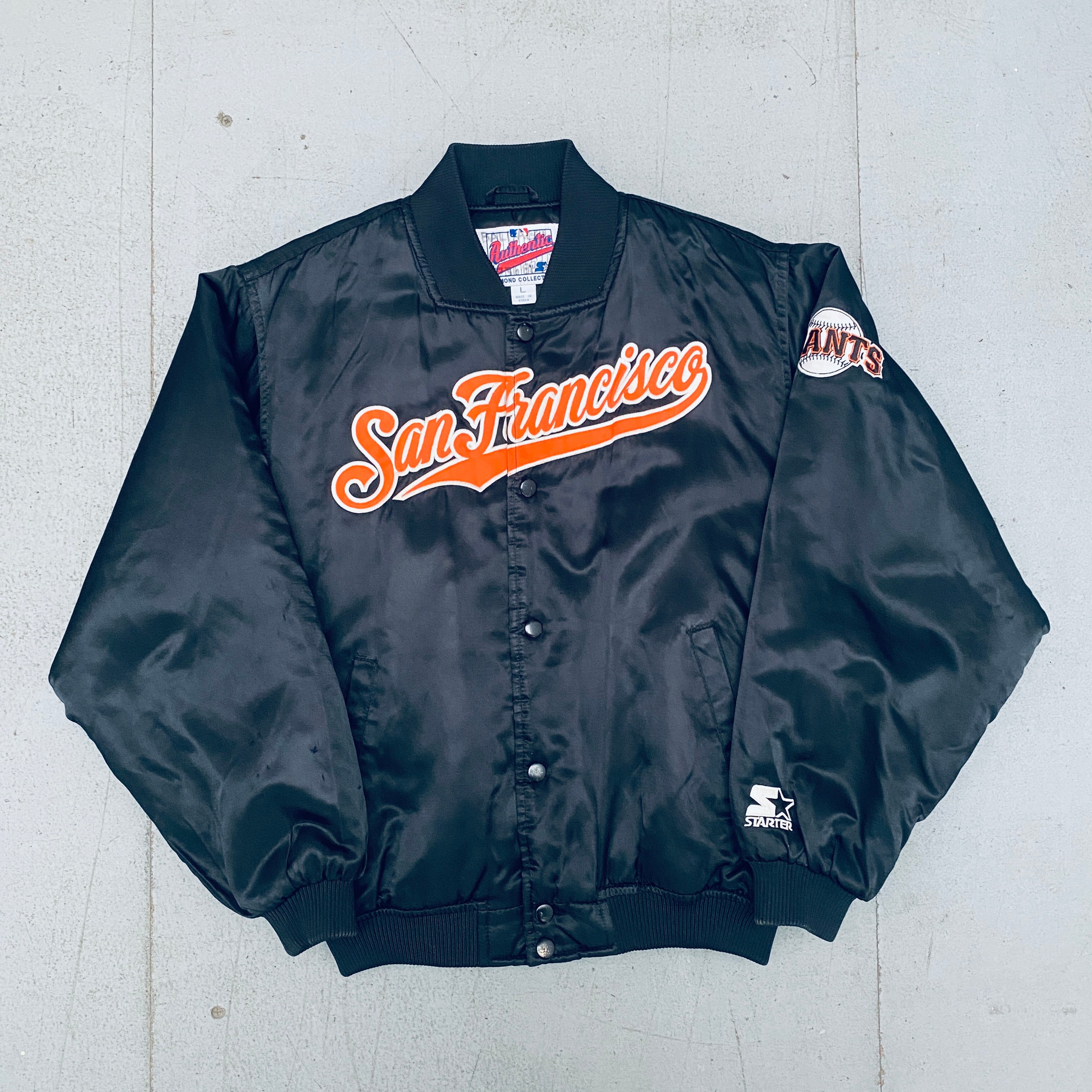 San Francisco Giants 1990s Vintage Satin Stitched Script Starter Bomber Jacket - MLB Baseball Fan Apparel for Men & Women - Perfect for Game Day, Tailgating & Streetwear Fashion