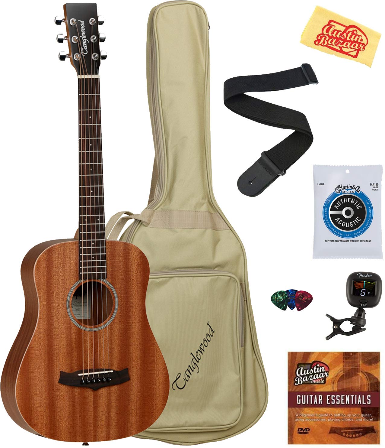 Tanglewood TW2T Mahogany Travel Size Acoustic Guitar Bundle with Gig Bag, Tuner, Strap, Strings, Picks & Polishing Cloth – Perfect for Travel, Camping & Beginners Learning Guitar