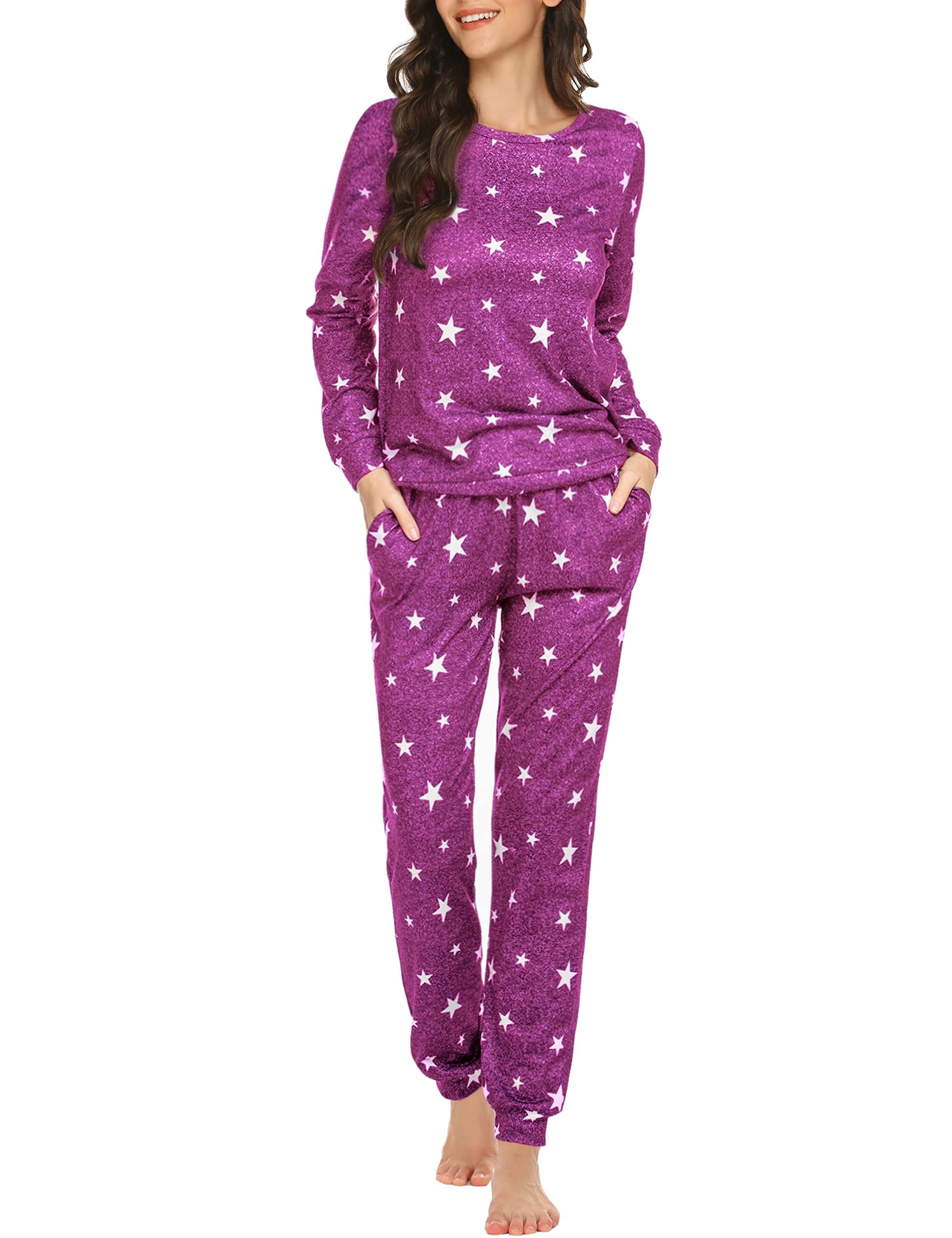 Ekouaer Women's Long Sleeve Pajama Set - Soft Star Print Sleepwear with Pockets for Cozy Nights & Lounge Wear | Perfect for Bedtime, Relaxing at Home, and Gift Giving