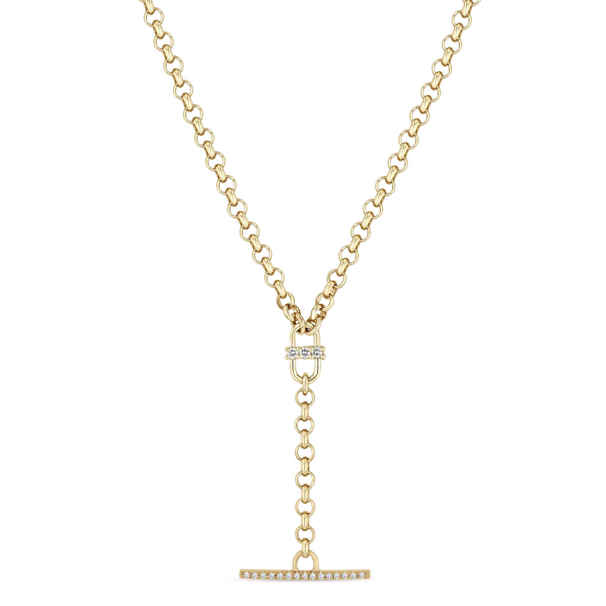 14K Gold 3 Prong Diamond Open Link Pavé Diamond Toggle Rolo Chain Lariat Necklace - Elegant Layering Piece for Women's Jewelry Collection, Perfect for Weddings, Parties & Everyday Wear