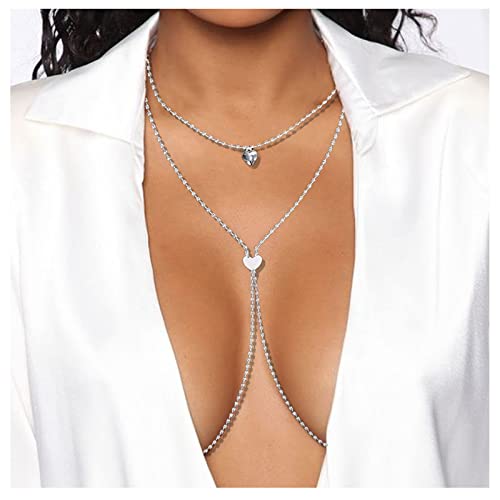 Sparkly Rhinestone Body Chain - Silver Crystal Bikini Bra Jewelry with Heart Pendant for Women | Beach Party, Night Club & Festival Accessories | Perfect for Poolside, Music Festivals and Bachelorette Parties