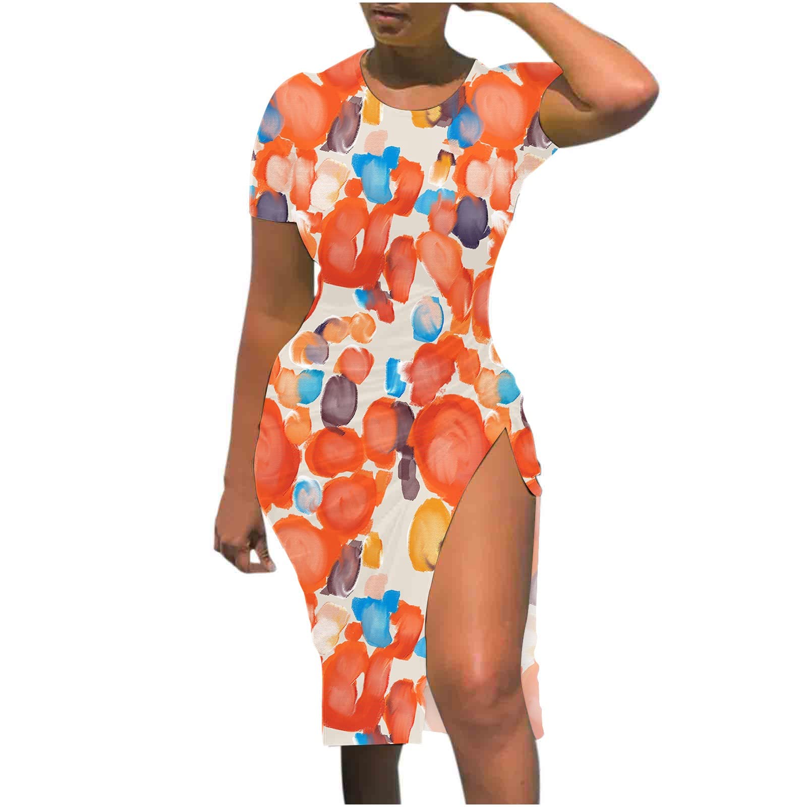 Women's Casual Printed Round Neck Short Sleeve Drawstring Split Dress - Summer Beachwear, Party Outfit & Vacation Wear for Ladies