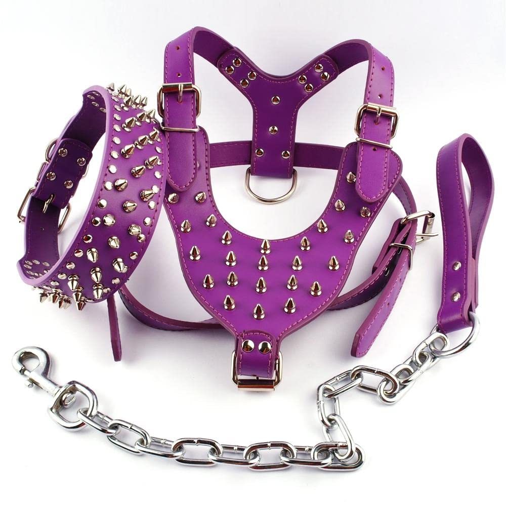 Purple Adjustable Spiked Studded Leather Dog Harness Collar Leash Set for Large Breeds - Pitbull, Boxer, Mastiff, Amstaff (Sizes M, L, XL) - Durable Training & Walking Gear for Strong Dogs