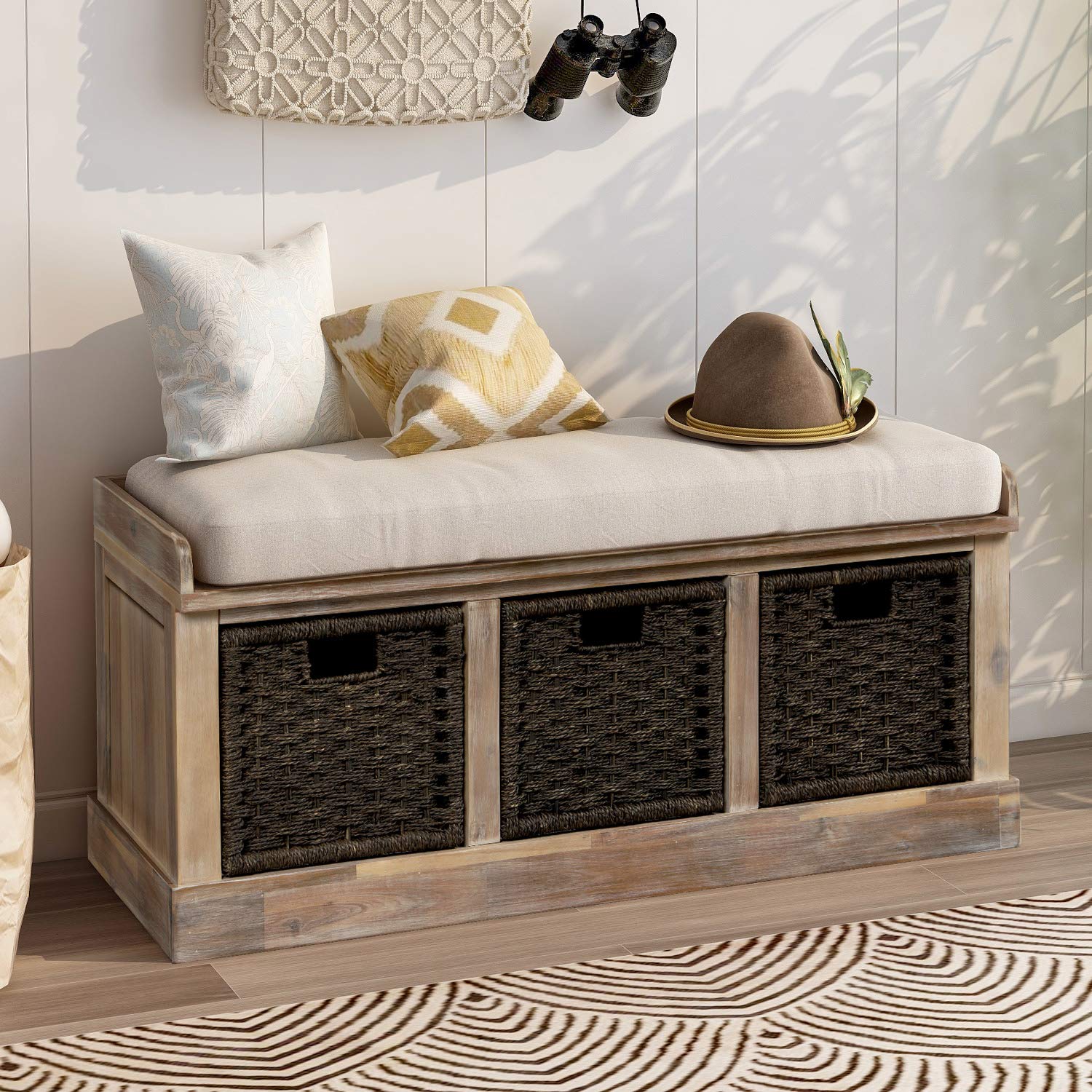 Wicker Storage Bench with 3 Woven Baskets & Removable Cushion - White Washed Wooden Entryway Shoe Bench for Hallway, Bedroom & Living Room - Perfect for Organizing Shoes, Blankets & Home Decor