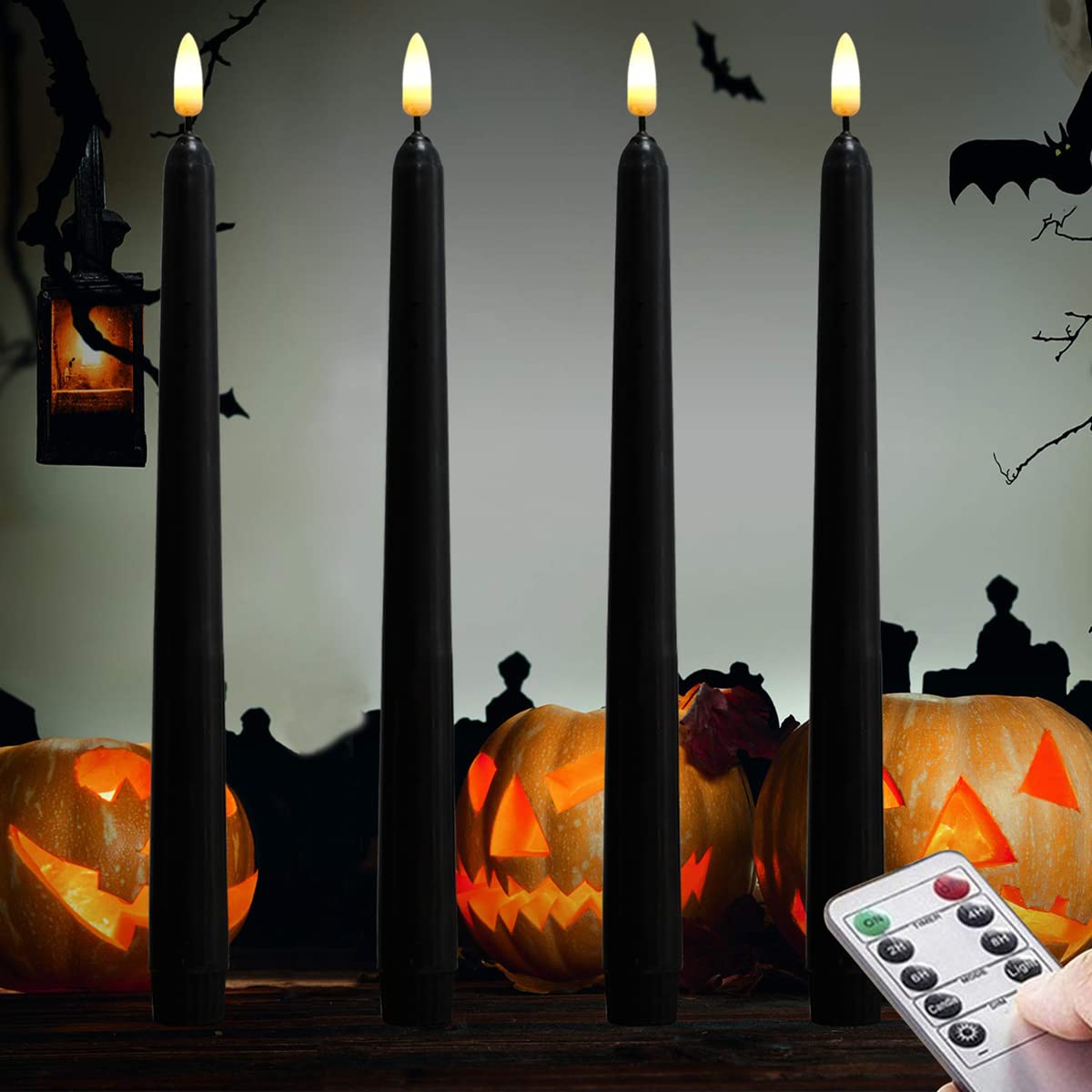 4 Pack Black 11'' LED Wax Covered Taper Candles - Flameless Battery Operated Halloween Decor Candles with Warm White Glow - Perfect for Spooky Home Decor, Haunted House Parties & Gothic Weddings