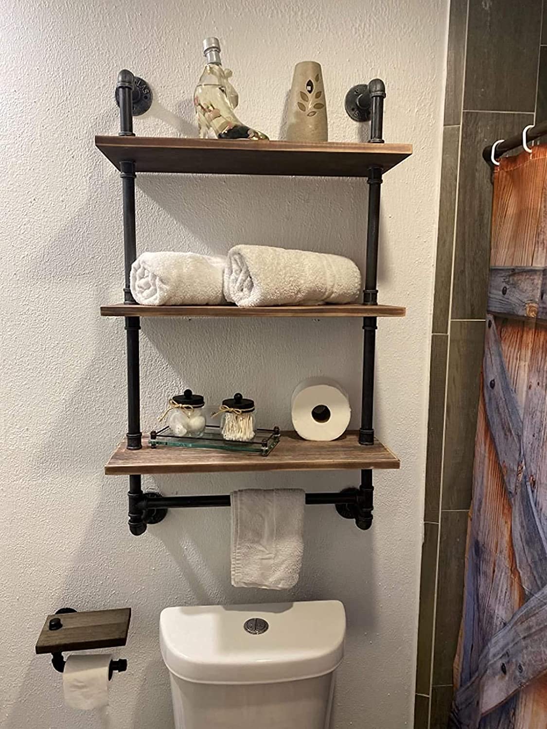 MIQ Industrial Pipe Shelf - Rustic Wall Shelf with Towel Bar, 3-Tier Wood Shelving for Bathroom Storage | 20 Towel Racks, 3-Layer Pipe Shelves | Perfect for Bathroom Organization, Farmhouse Decor & Small Space Storage