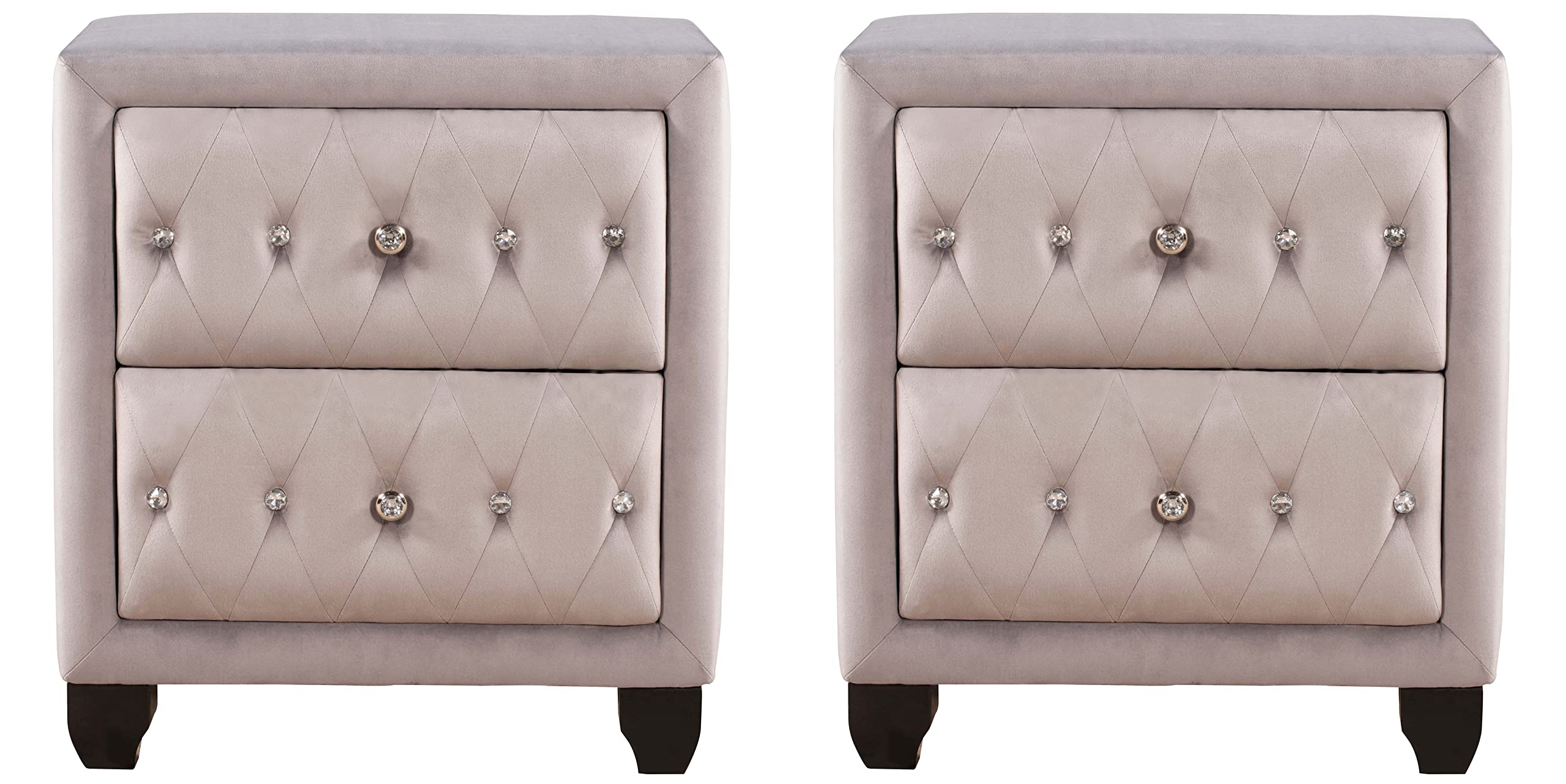 Melpomene Velvet Upholstered Nightstand Set of 2 - 2 Drawer Bedside Tables with Crystal Tufting & Crystal Handles for Bedroom (Grey) | Perfect for Master Bedroom, Guest Room & Apartment Decor