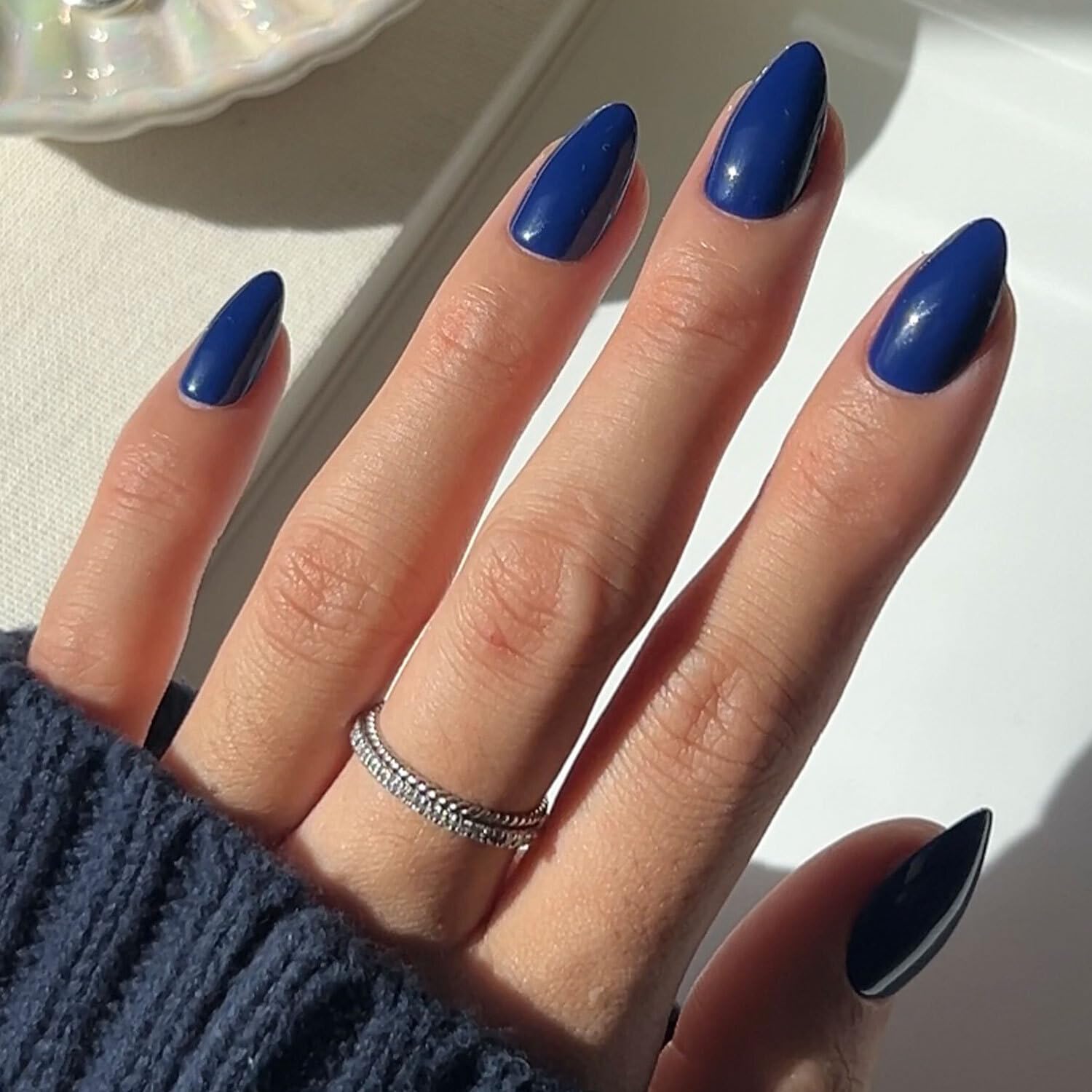 Glamnetic Press On Nails - Midnight Blue | Dark Navy Blue Short Almond Fake Nails, Reusable Stick On Nails with Glue | Salon Quality Manicure | 15 Sizes (30 Nails) | Perfect for Parties, Weddings & Everyday Wear