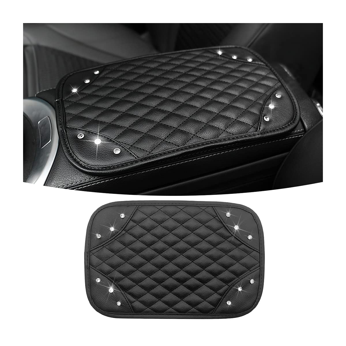 AUCELI Bling Car Center Console Cover - PU Leather Armrest Storage Box Mat with Crystal Decor, Universal Fit for Most Vehicles (Black) | Luxury Car Interior Accessory for Sedans, SUVs & Trucks