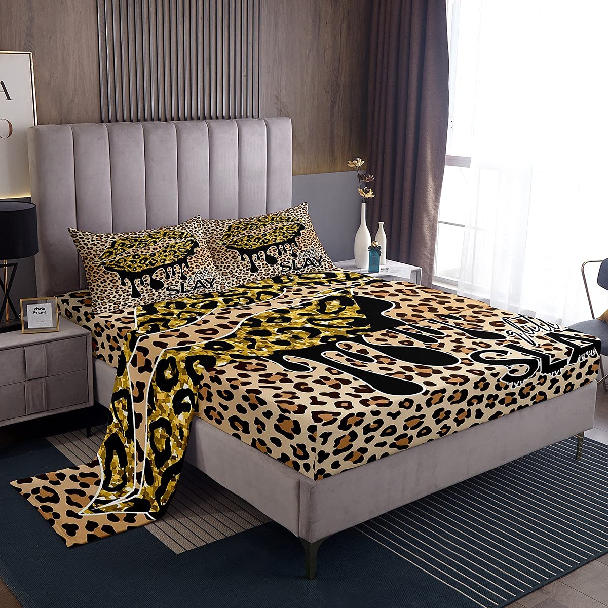 Erosebridal Leopard Print Bed Sheet Set - Gold Lips Cheetah Tie Dye Flat & Fitted Sheets with 1 Pillowcase, Twin Size for Kids & Girls Bedroom Decor | Modern Fashion Deep Pocket Bedding for Cozy Sleep & Stylish Home Decor