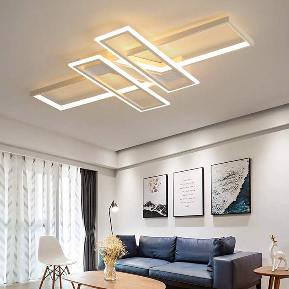 Modern Designer Chandelier - Dimmable LED Ceiling Light with Remote Control, Flush Mount Lighting Fixture for Living Room, Dining Room, Bedroom, Office & Hotel (White Acrylic Panel, 4 Rectangle Design) | Elegant Ambient Lighting for Home Decor & Commercial Spaces
