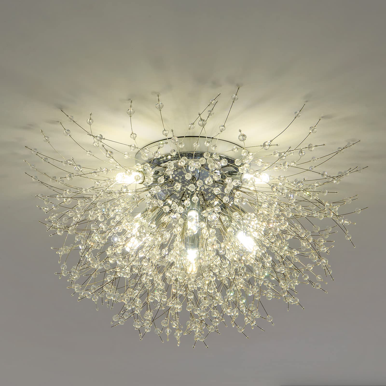 Modern Chrome Crystal Firework Chandelier - 8-Light Flush Mount Ceiling Fixture for Bedroom, Kitchen, Hallway & Entryway (11.8
