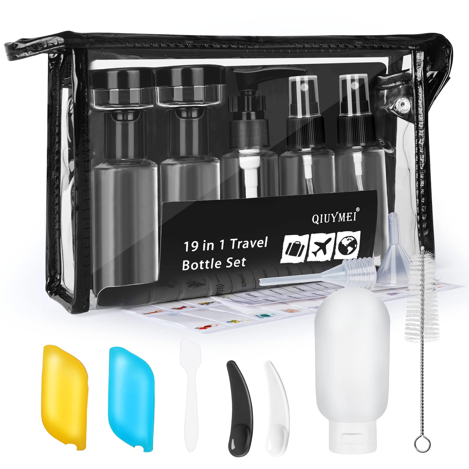 19 Pack TSA Approved Leak Proof Travel Bottles Set - 2oz Refillable Toiletries Containers with Quart Bag for Shampoo, Conditioner & Lotion (Black) | Perfect for Air Travel, Gym & Vacation Essentials