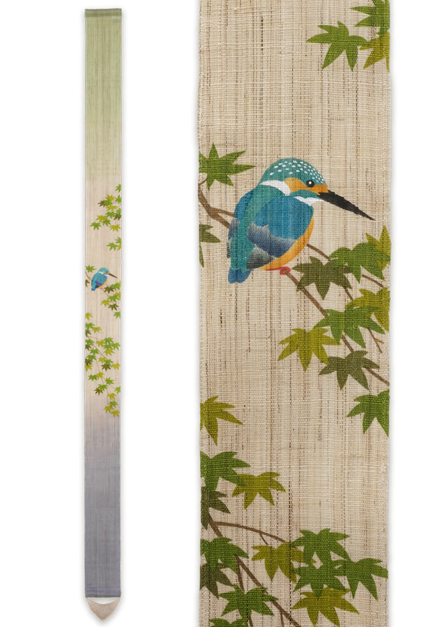Hand-Dyed Linen Japanese Narrow Tapestry - Kingfisher Design Kyoto Noren, Traditional Japanese Wall Hanging Scroll for Home Decor, Room Divider, or Zen Meditation Space