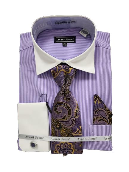 AVANTI UOMO Men's Micro Stripe Dress Shirt with White Collar & Cuffs DN129M in Lavender - Perfect for Business Meetings & Formal Occasions