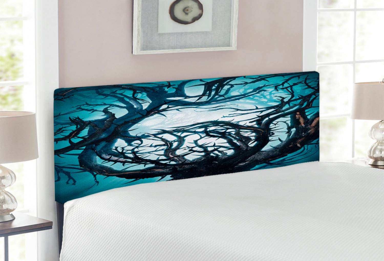 Ambesonne Mystic Upholstered Headboard - Full Size Teal & White Gothic Tree Branch Design with Memory Foam | Halloween Bedroom Decor, Fantasy Themed Bed Frame for Spooky Nights