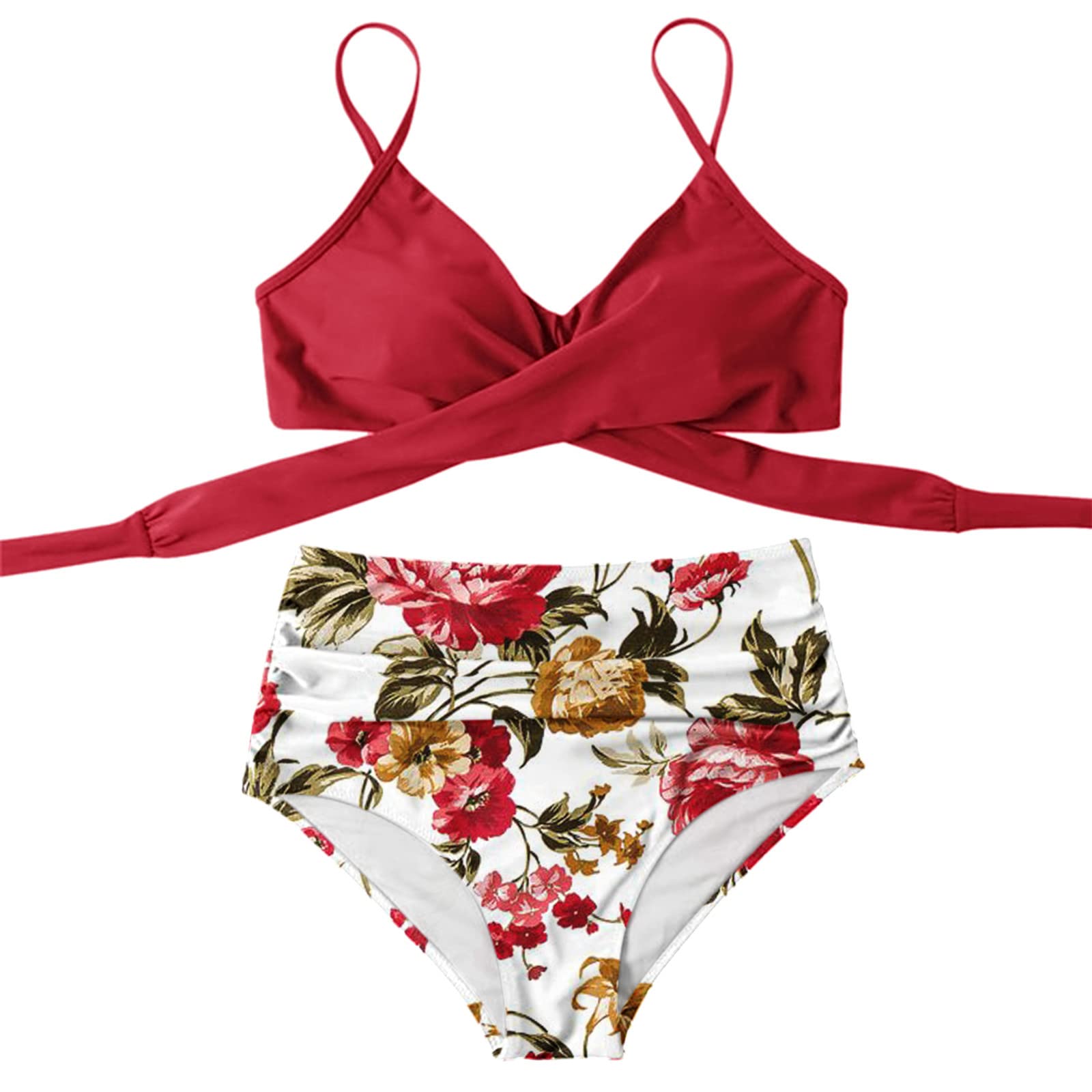 Plus Size Tankini Swimsuits for Women - Sexy High Neck Contrast Color Two Piece Bikini Set with Camisole Top & Split Bottom | Beach, Pool & Vacation Swimwear