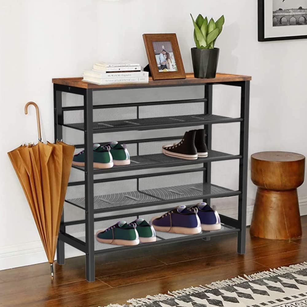 MIERES 5-Tier Shoe Rack with 4 Metal Mesh Shelves - Sturdy Industrial Shoe Storage Organizer, Easy Assembly, Rustic Brown (29.5”L x 11.8”W x 33.5”H) - Perfect for Entryway, Hallway, Closet, Bedroom, Office & Dorm Organization