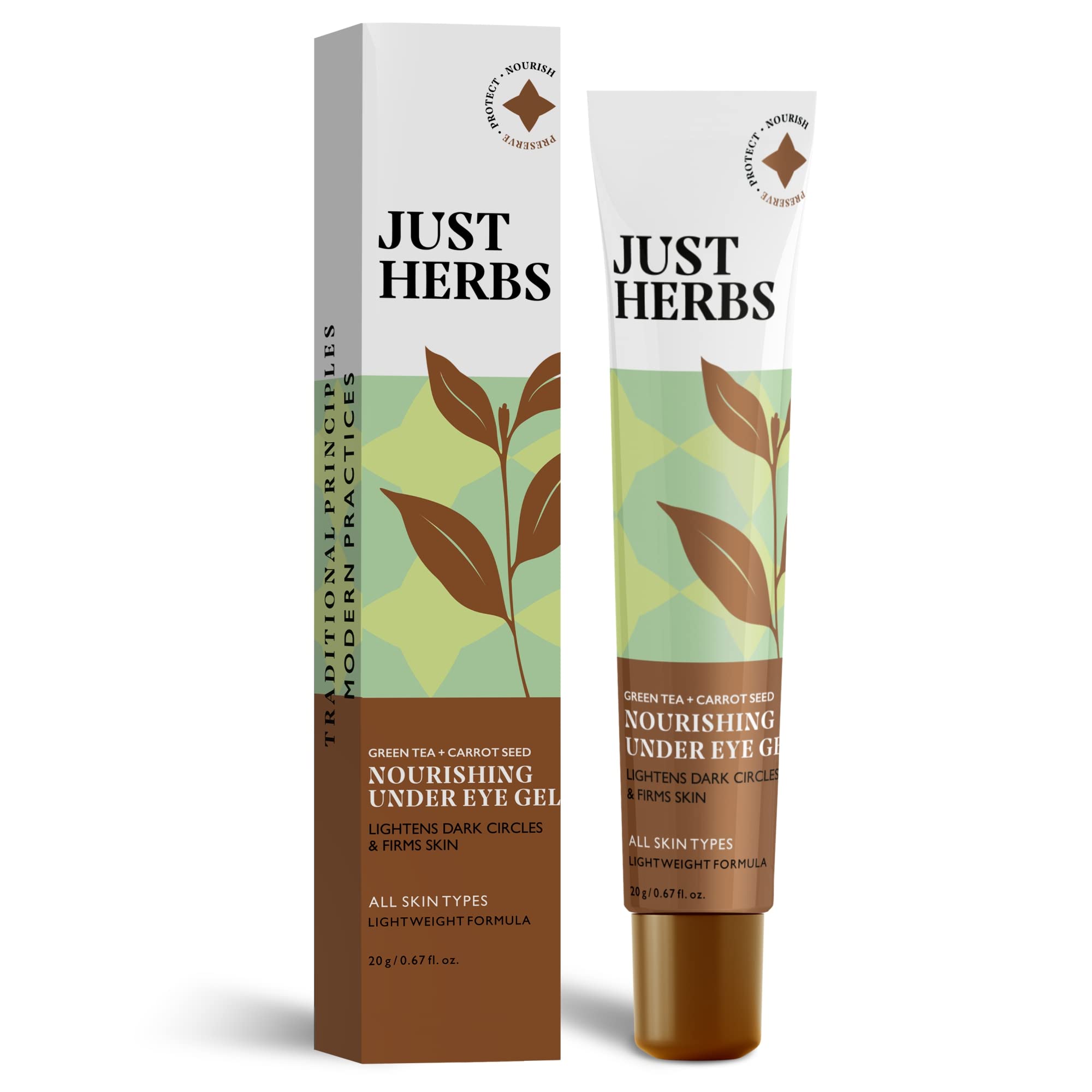 Just Herbs Nourishing Under Eye Gel Cream for Dark Circles, Puffiness, Fine Lines & Wrinkles - Green Tea & Carrot Seed Formula - 20gm for Men & Women - Perfect for Morning & Night Skincare Routine
