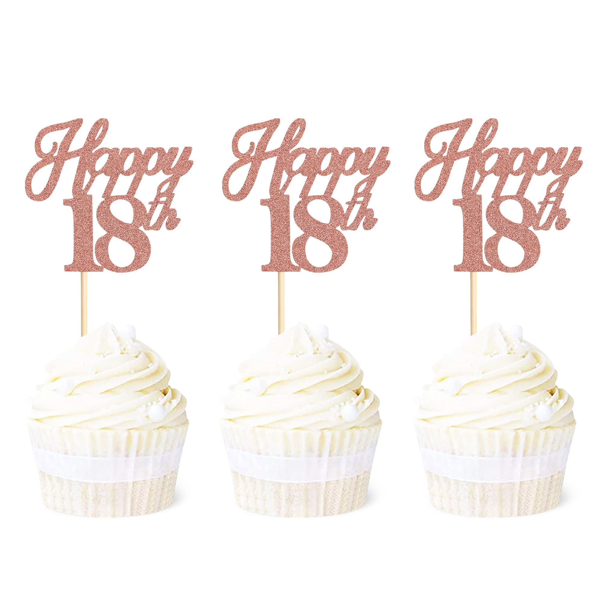Ercadio 24 Pack Rose Gold Glitter 18th Birthday Cupcake Toppers - Cheers to 18 Cupcake Picks for Wedding, Anniversary, Party Cake Decorations - Perfect for Sweet 16, Graduation, and Milestone Celebrations