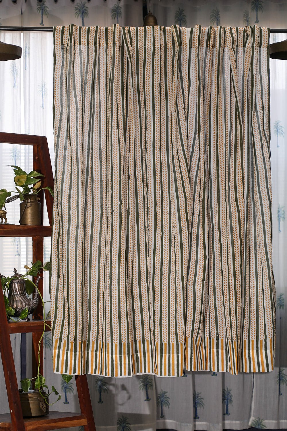 Handblock Printed Cotton Window Curtains - SootiSyahi 'Rising Ferns' Design - Eco-Friendly Home Decor for Living Room & Bedroom