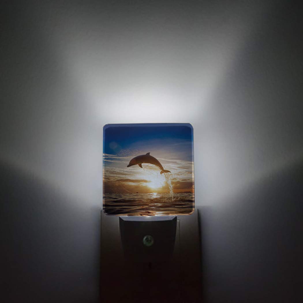 **LED Night Light Plug in with Auto Sensor - Dolphin Sunset Landscape Wall Light for Bathroom, Bedroom, Hallway - Bright & Dimmable Square Night Lights for Kids & Girls - Perfect for Nursery, Stairs & Safe Nighttime Navigation**