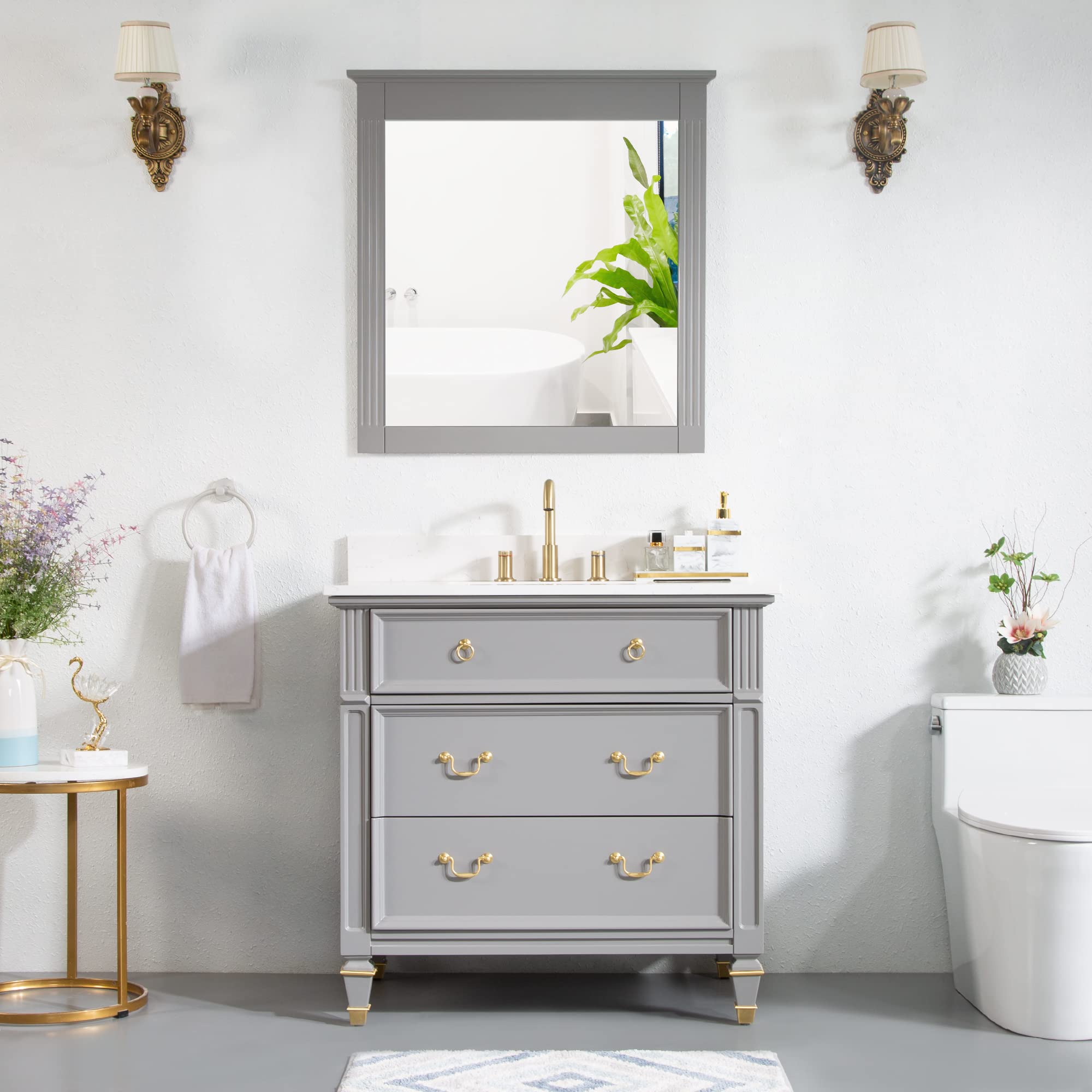 WELLFOR 36 Inch Bathroom Vanity Set with Sink, Quartz Countertop & 32 Inch Anti-Fog Mirror - Freestanding Wood Vanity Cabinet with Drawers in Titanium Grey for Modern Bathroom Decor | Perfect for Master Bath, Guest Bath & Small Space Remodeling