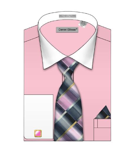 Daniel Ellissa DS3825P2 Solid White Collar French Cuff Dress Shirt in Pink - Perfect for Business Meetings, Weddings & Formal Occasions