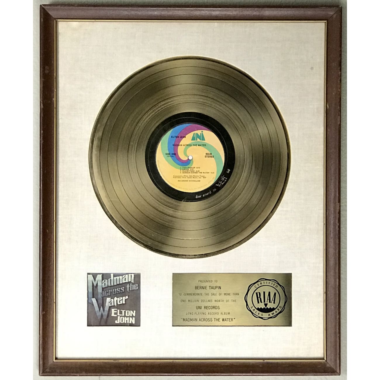 Elton John Madman Across The Water White Matte RIAA Gold LP Award - Rare Collectible Vinyl Record for Bernie Taupin | Perfect for Music Memorabilia Displays & Elton John Fan Collections