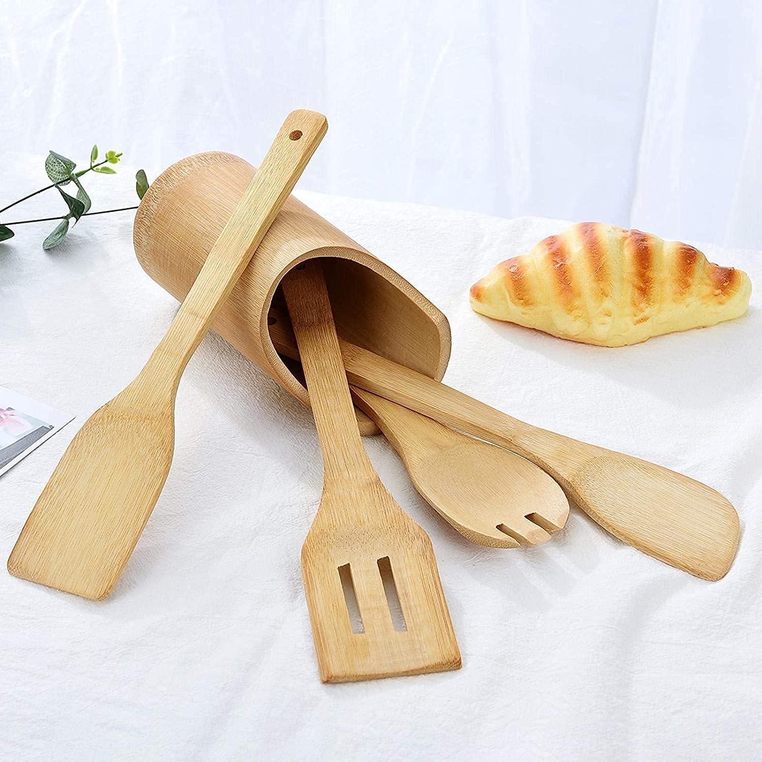 5-Piece Teak Wooden Cooking Utensils Set - Natural Wooden Spoon, Ladle, Turner, Rice Colander & Soup Skimmer - Eco-Friendly Kitchen Flatware for Cooking, Serving & Food Prep - Perfect for Home Chefs & Sustainable Kitchens