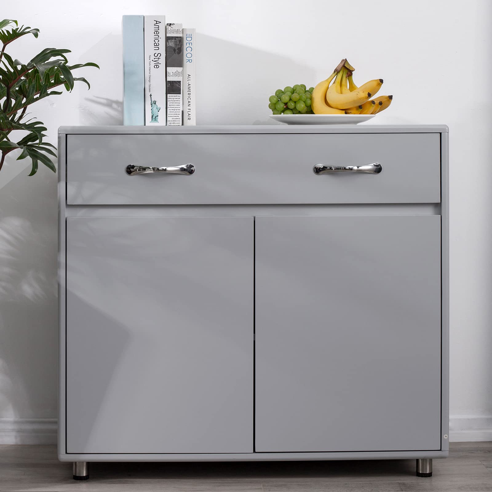 Modern Grey Kitchen Buffet Cabinet with 2 Doors & Drawer - Dining Room Storage Solution