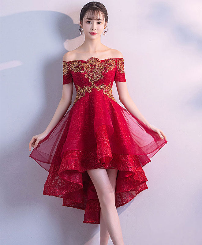 Elegant Burgundy Tulle Lace High-Low Prom Dress for Women | Homecoming Party Gown | Perfect for Formal Dances, Evening Events & Special Occasions