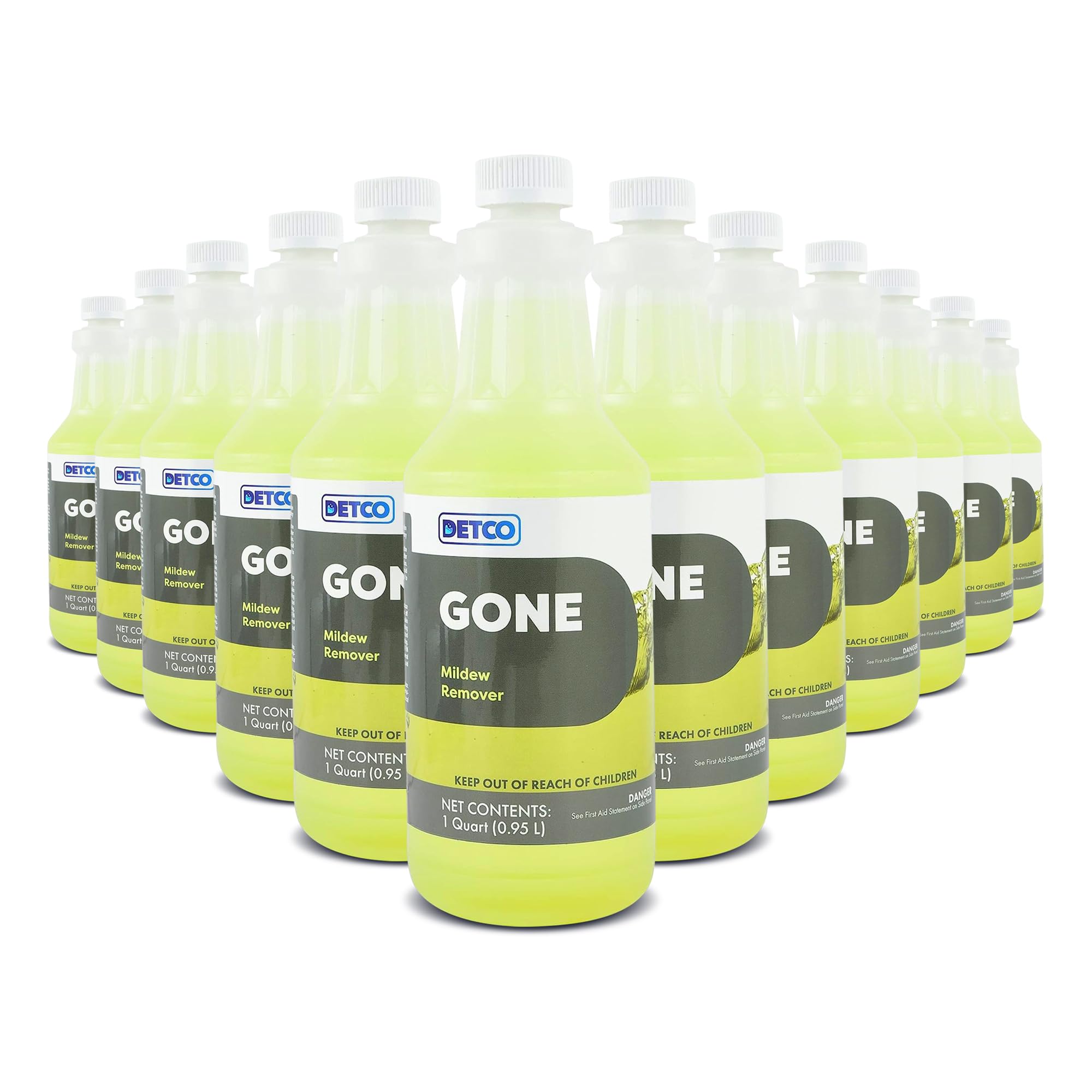 GONE Instant Mildew Remover - 12.5% Bleach Industrial-Strength Cleaner (12-Pack, 1-Quart Spray Bottles) | Powerful Stain Remover for Shower, Bathroom Tile, Grout, Siding, Eaves & Outdoor Furniture | Eliminates Mold & Mildew in Kitchens, Basements, Patios & Pool Areas